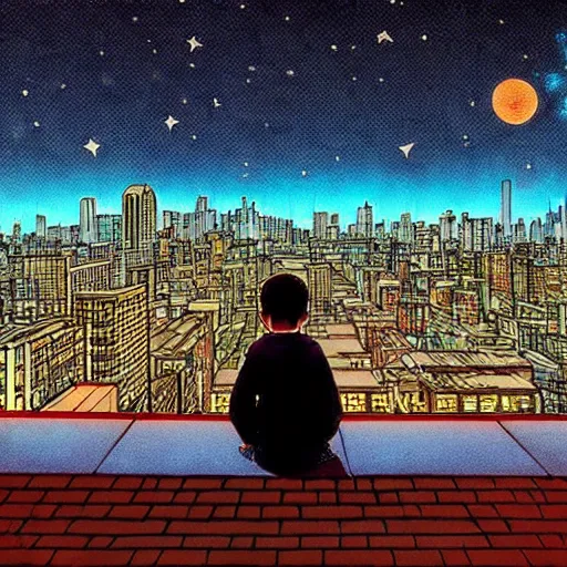 Image similar to a kid in a big city, sits on rooftop, watches a beautiful night full of stars and tech buildings, by satoshi kon and basil gogos