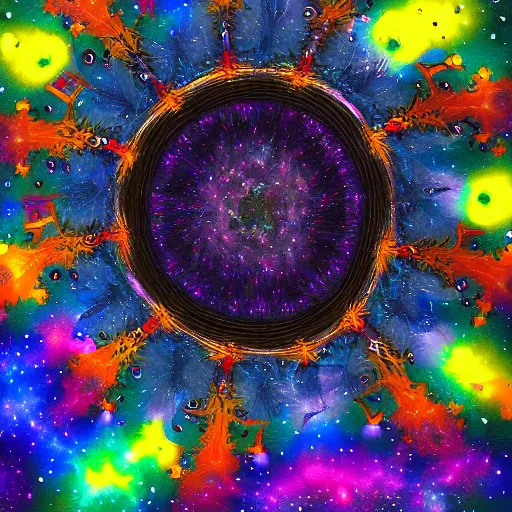 Image similar to a painting of a black portal!! in outer space, surrounded by fractals!, galaxies, and clouds!! of kaleidoscopic colors, trending on art station