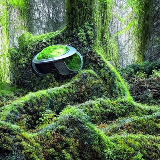 Prompt: a place overgrown with plants, there is a broken spaceship, the space ship has moss on it, hyper realistic, atmospheric