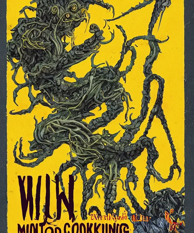 Prompt: cover of a book about cooking monsters, yellow, spindly