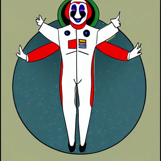 Image similar to techno - capitalist clown wearing space suit flying away in realistic space environs, digital art