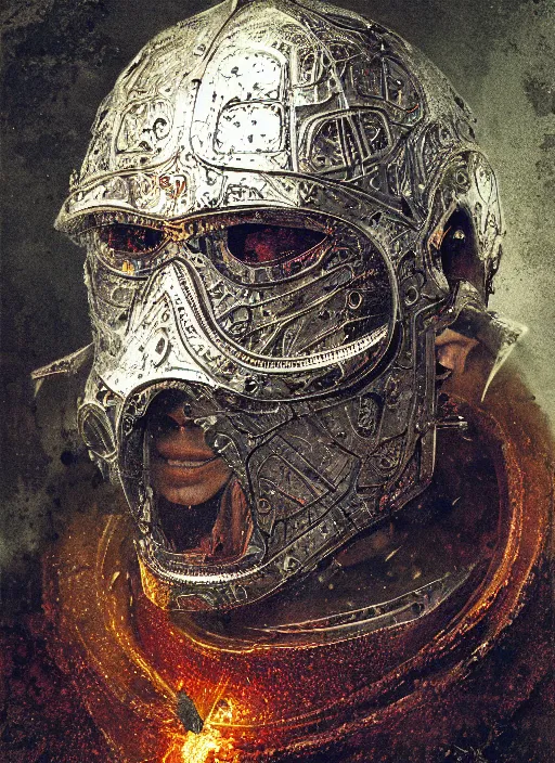 Prompt: portrait of king arthur knight cyborg, glitchart, modern fine art, fractal, intricate, elegant, highly detailed, digital photography, subsurface scattering, by jheronimus bosch and frank miller and greg rutkowski,