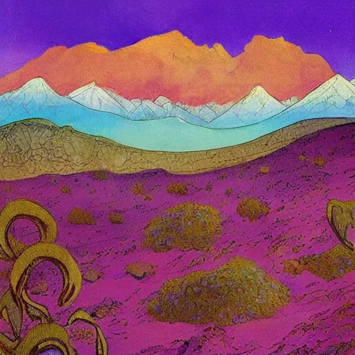 Prompt: This illustration is simply stunning. It is a beautiful landscape illustration of a desert scene, with mountains in the background and a bright sky. The colors are so vibrant and the detail is amazing. It is a truly beautiful illustration. bright purple by Bob Ross, by Hilma af Klint loose, earthy