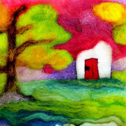 Image similar to small wooden house in the middle of spring forest, bright colours, watercolor painting, volumetric wool felting