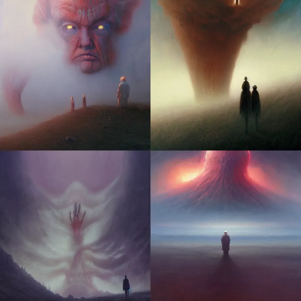 Prompt: large donald trump terror and horror painting descending on earth, by greg rutkowski and studio ghibli, inspired by zdzisław beksinski, cinematic, atmospheric, dramatic colors, dawn.