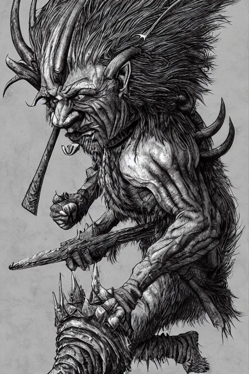 Image similar to hunched troll with a horn on his head, fantasy, highly detailed, digital art, sharp focus, trending on art station, kentaro miura manga art style