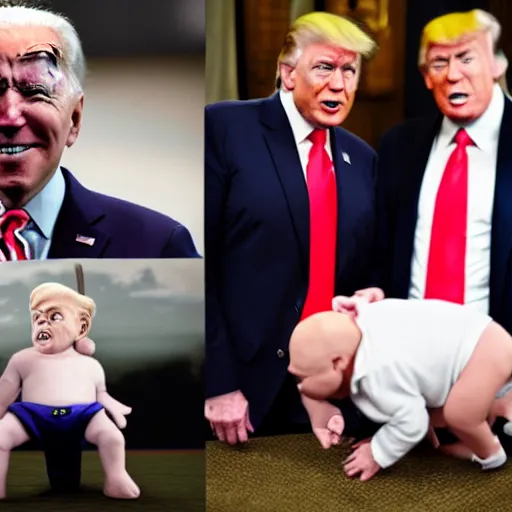 Image similar to joe biden in a bloody diaper, fist fighting a dwarf - sized donald trump, ultra hyper mega realistic, render