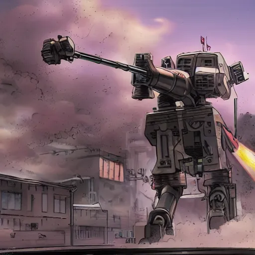 Prompt: six meters tall mech walking down the street shooting an autocannon at tanks, comic book illustration, action scene, high quality gloss art