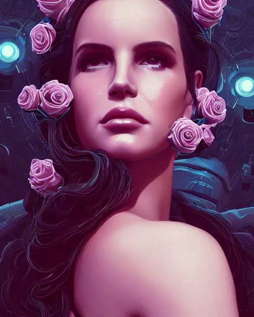 Image similar to portrait of lana del rey as a cyborg. intricate abstract. roses. intricate artwork. by tooth wu, wlop, beeple, dan mumford. octane render, trending on artstation, greg rutkowski very coherent symmetrical artwork. cinematic, key art, hyper realism, high detail, octane render, 8 k, iridescent accents
