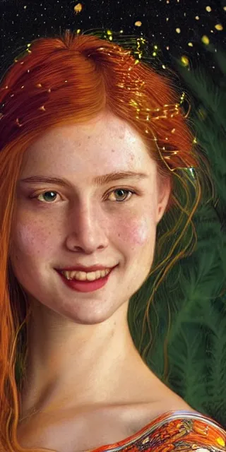 Image similar to a totally enraptured smiling young woman surrounded by golden firefly lights in a mesmerizing scene, sitting amidst nature fully covered, intricate detailed dress, long loose red hair, precise linework, accurate green eyes, small nose with freckles, smooth oval head, expressive emotions, hyper realistic ultrafine portrait by artemisia gentileschi, jessica rossier, artgerm