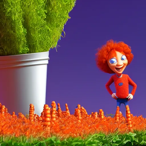 Prompt: carrot top with photorealistic carrot head!!!!, pixar character, stage background, pixar, 3 d,