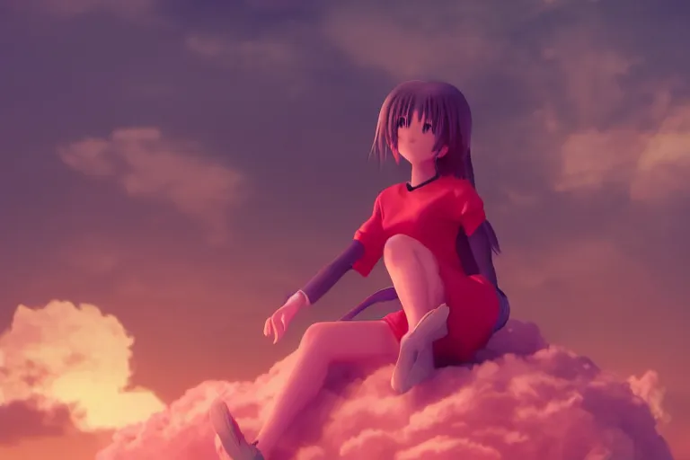 Image similar to a cute anime girl sitting on a cloud relaxing, red lighting, mist, blender render,