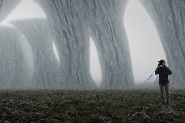 Image similar to a tourist taking a photo of a complex organic fractal 3 d living humanoid megastructure, cinematic shot, foggy, photo still from movie by denis villeneuve