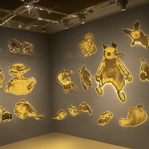 Prompt: Photograph of a full Pikachu archeology fossils, museum, light exposition