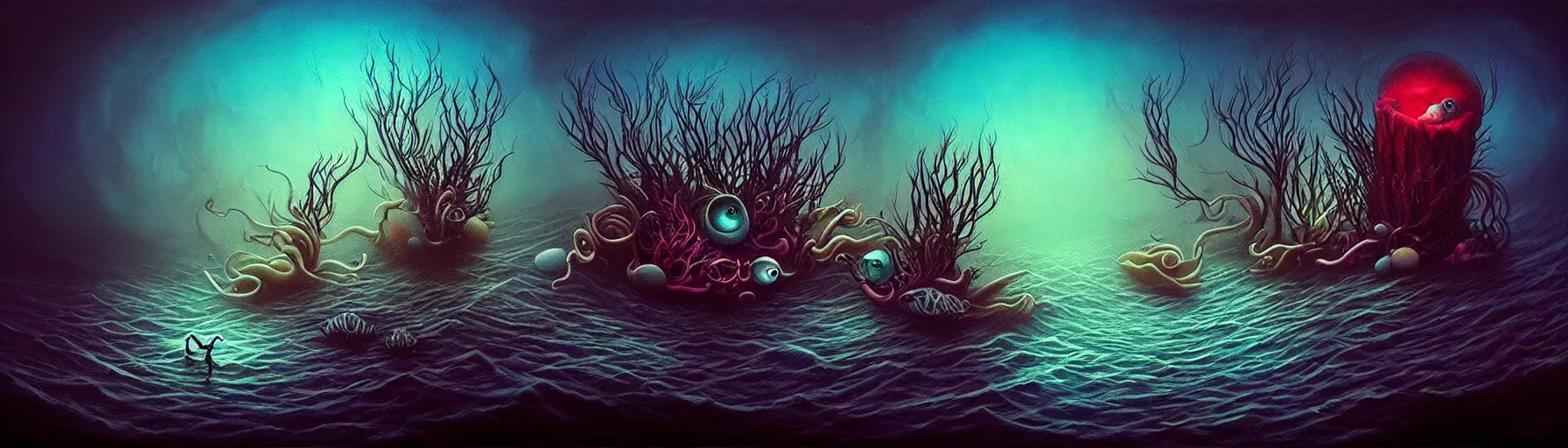 Image similar to whimsical strange small sea creatures from the depths of the imaginal realm, dark eerie dramatic lighting, detailed and atmospheric surreal darkly colorful painting by ronny khalil