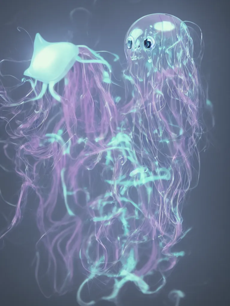 Prompt: cute fumo plush smiling ectoplasmic gothic macabre shiny jellyfish ghost girl, glowing wisps of hazy smoke, lens flare, vignette, refraction, vray