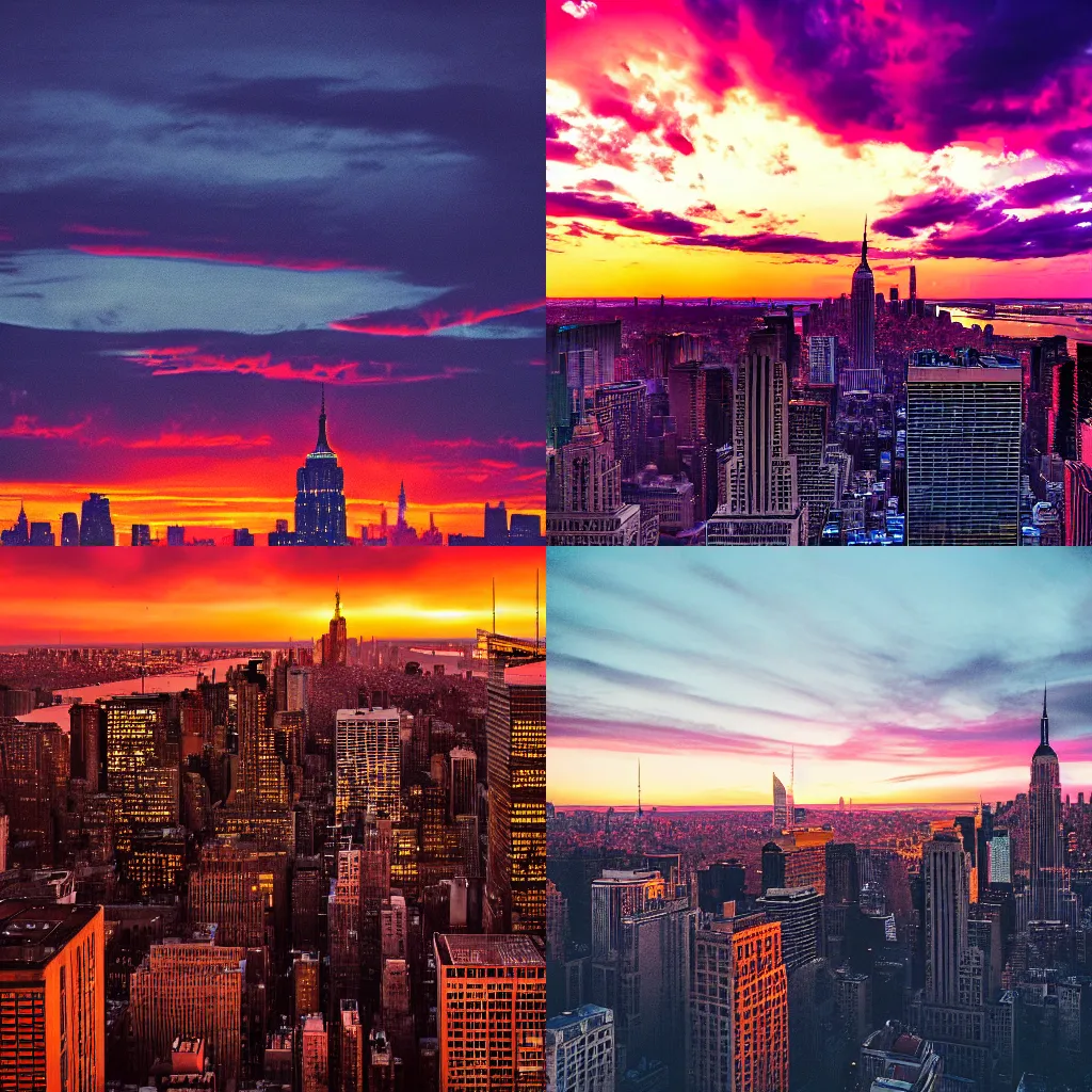 Prompt: beautiful sunset over new york city skyline by Alena Aenami, wide angle, cinematic, detailed, vivid