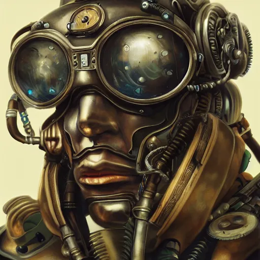 Prompt: portrait painting of a steampunk cyborg pilot, transhumanism, ultra realistic, concept art, studio ghibli, intricate details, eerie highly detailed