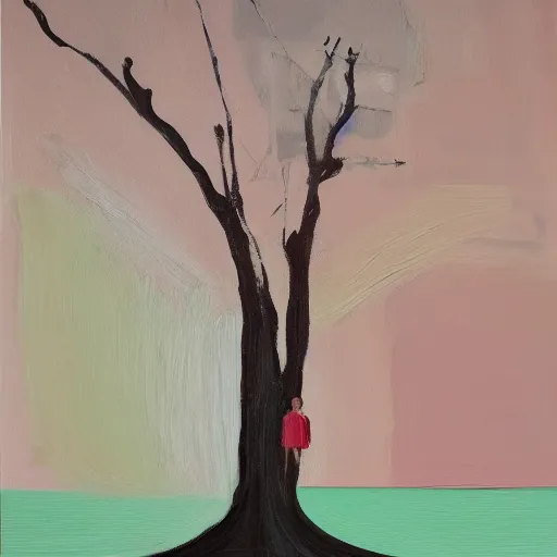 Prompt: _ in _ these _ paintings _ we _ see _ a _ big and tall _ woman in a busy void space with a tree, 4 k, in the style of ben quilty, edward hooper, minimal pink palette, medium shot, three point light, oil paint with thick brushstrokes of paint, impasto, detailed,