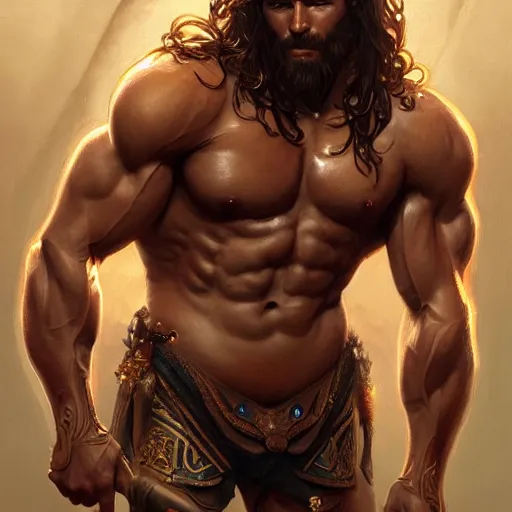 Image similar to fullbody portrait of hasan piker, muscular, upper body,big chest, amazon warrior, fantasy, intricate, elegant, highly detailed, digital painting, artstation, concept art, matte, sharp focus, illustration, art by Artgerm and Greg Rutkowski and Alphonse Mucha