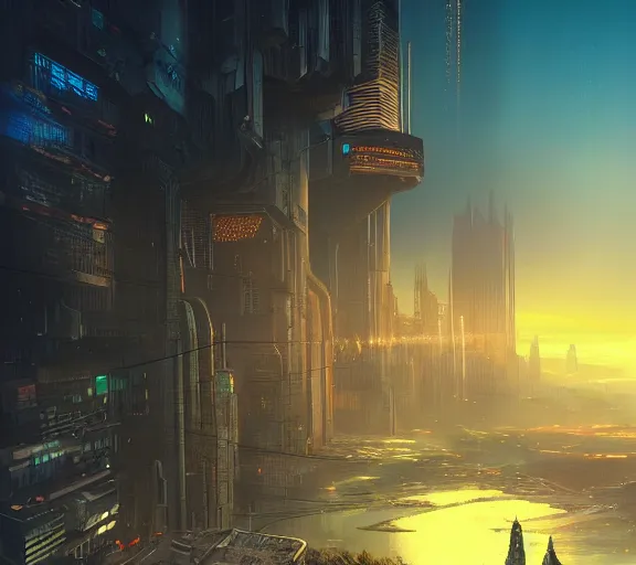 Image similar to cyberpunk fantasy world with beautiful sunse, amazing digital art, trending on artstation