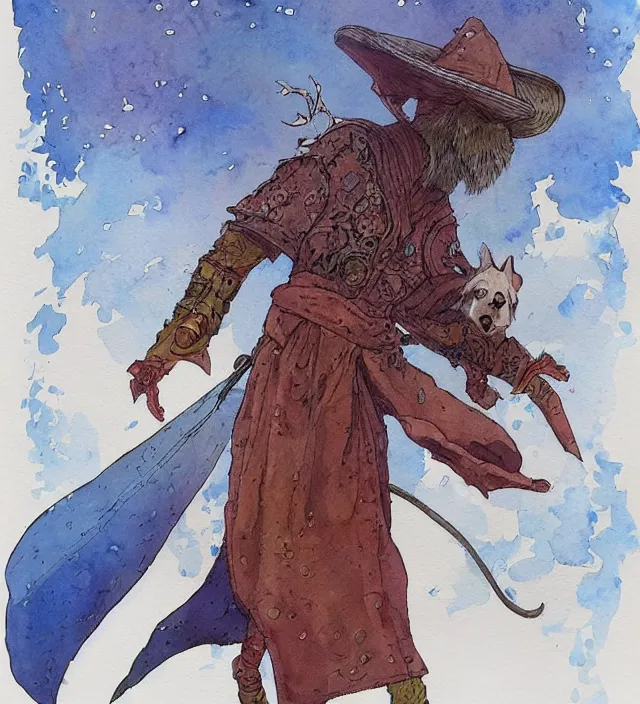 Prompt: a watercolor ink painting of an anthropomorphic dog wizard / knight in the style of jean giraud in the style of moebius trending on artstation deviantart pinterest detailed realistic hd 8 k high resolution