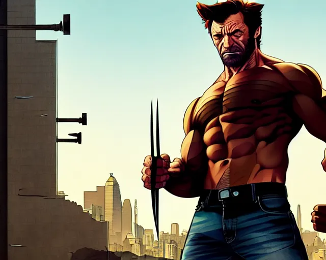 Image similar to hugh jackman as wolverine from logan, hyper - realistic, gta v cover art, cel shading, sharp focus, intricate, detailed, rhads, andreas rocha, makoto shinkai, lois van baarle, ilya kuvshinov, greg rutkowski, dynamic lighting, grunge aesthetic, 4 k