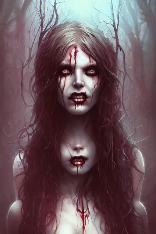 Prompt: a hauntingly beautiful zombie girl, painted by artgerm and tom bagshaw, fantasy art, dramatic lighting, highly detailed digital art