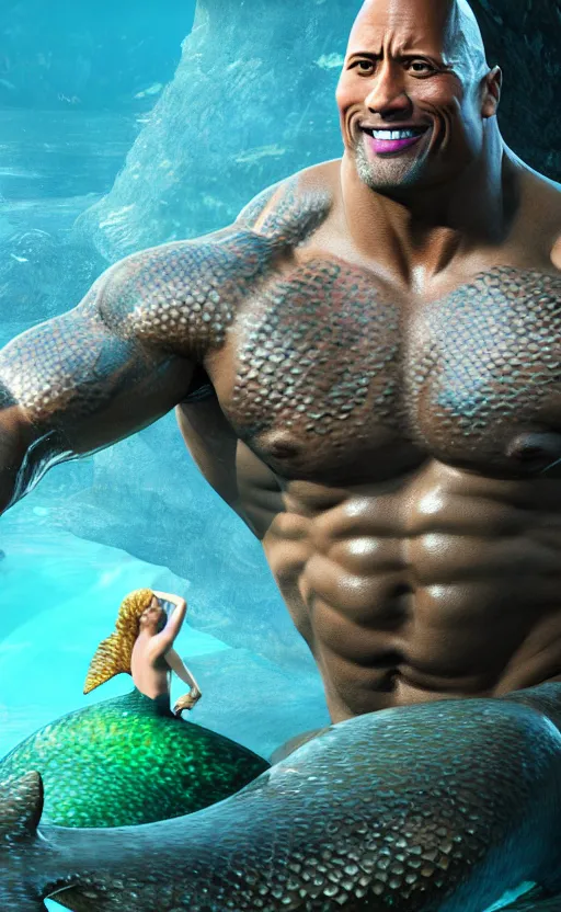 Image similar to dwayne johnson as a charming mermaid work safe dreamlike, character art, hyperdetailed, 8 k realistic, unreal engine, cryengine, dof, trending on artstation, digital art