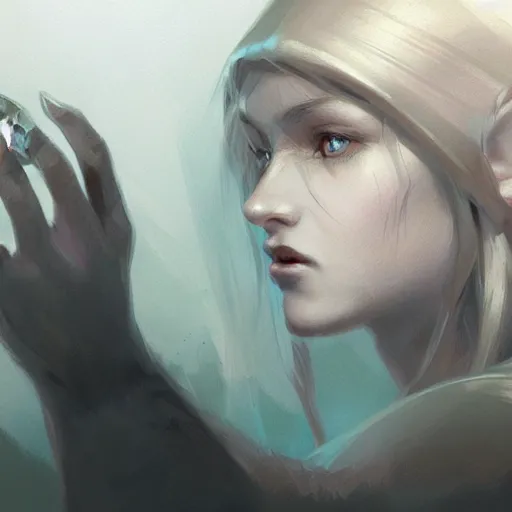 Prompt: beautiful elf female sideview portrait with her hand reaching out towards a shiny crystal, dark and mystic atmosphere, by greg rutkowski, concept art sketch