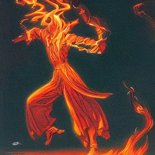 Image similar to fire in the shape of a person dancing, the whispy smoke, fantasy, dnd, illustrated by michael whelan