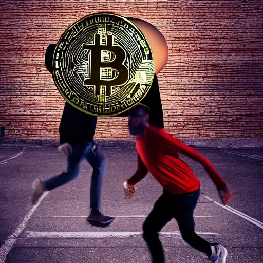 Image similar to people running away scared from a giant with bitcoin head, popart, hyper-realistic, 8k