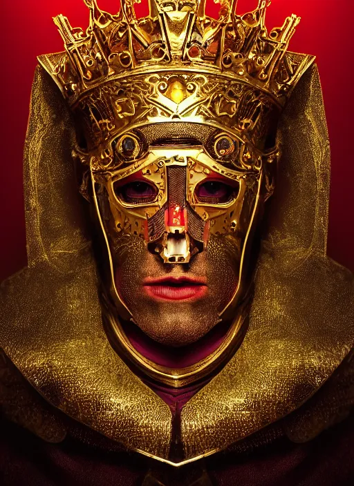 Prompt: portrait of king arthur knight cyborg with a golden crown with red gemstones, studio portrait against a black background, modern fine art, fractal, intricate, elegant, highly detailed, digital photography, subsurface scattering, in the style of ghost, by jheronimus bosch and yue minjun and giger and greg rutkowski,