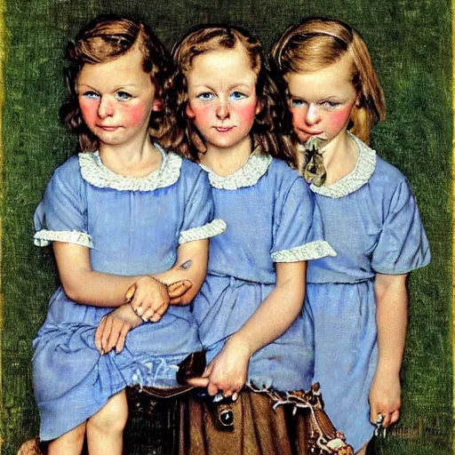 Image similar to Frontal portrait of women triplets with ice blue eyes. Painting by Norman Rockwell.