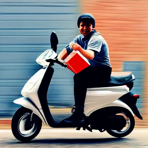 Image similar to delivery driver on moped delivering packages, extremely high quality, artistic rendering, cartoon, sharp, no blur, edited, white background