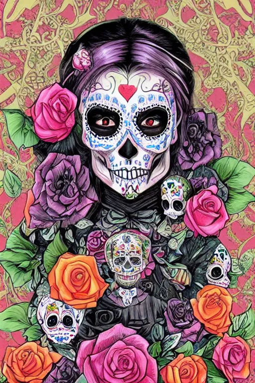 Image similar to illustration of a sugar skull day of the dead girl, art by kenneth rocafort