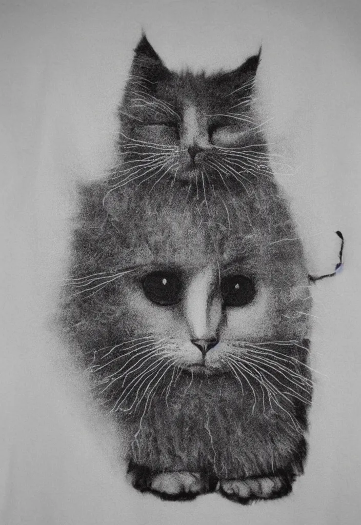 Image similar to fluffy cat t - shirt design, afro comb, by minimalist man ray, dark grisaille monochrome neon spraypaint, ironic surrealism