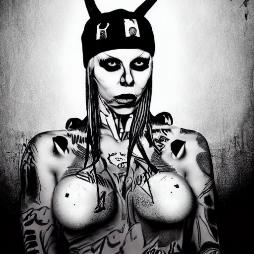 Prompt: die antwoord yolandi portrait, back and white, zef design graffiti in the background, dark lighting, digital art