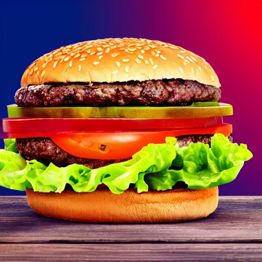 Image similar to a beautiful color - full flying ( ( ( double cheese burger ) ) ) juicy meat, sweaty salad and tomato, neutral background, tv advertisement video shot style, tv, ad, advertisement, tv spot, tv grain, tv colors