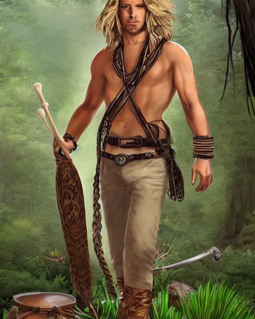 Prompt: a hippy male ranger, dnd, wearing a leather vest and white linen pants, puka shell necklace, long swept back blond hair, with a bongo drum and nunchuku, chiseled good looks, digital art