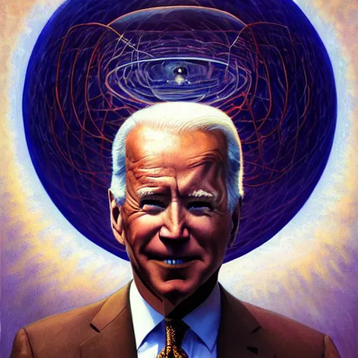 Image similar to presidential portrait of immense, majestic, surreal, terrifying joe biden emerging from the cosmic egg, perfectly clear face, by j. c. leyendecker, alex grey, anato finnstark, bosch, and beksinski