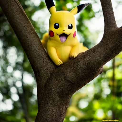 Image similar to photo of pikachu in a tree, fur, realistic, national geographic