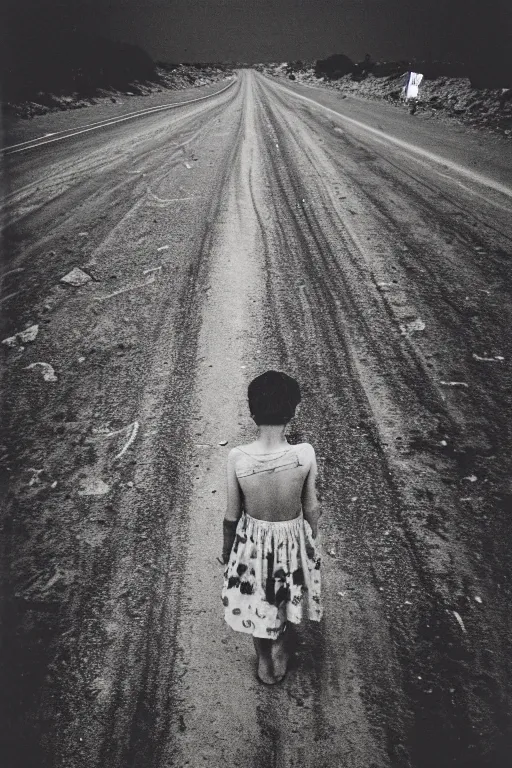 Image similar to photo polaroid of a sad and lonely child in the middle of a road of dry mud, drought, loneliness, black and white ,photorealistic, 35mm film,