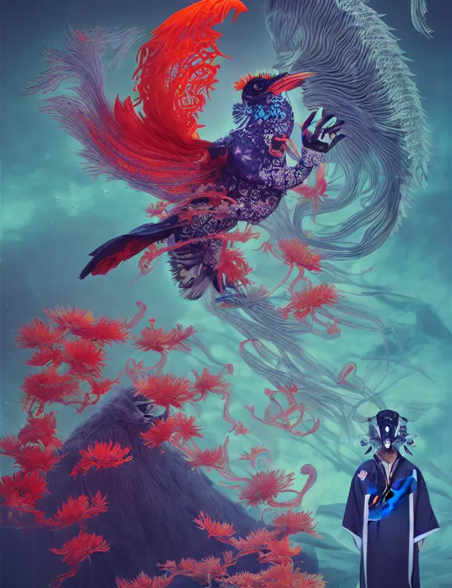 Prompt: new world order, intricately detailed japanese crow kitsune mask and clasical japanese kimono. betta fish, jellyfish phoenix, bio luminescent, plasma, ice, water, wind, creature, artwork by tooth wu and wlop and beeple and greg rutkowski