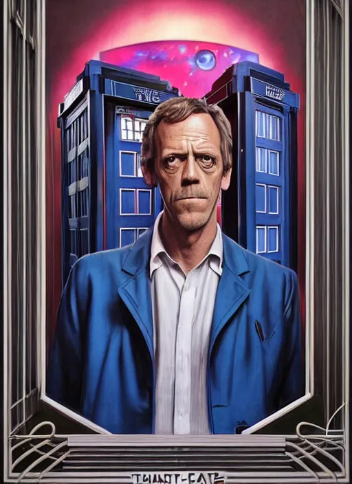 Image similar to portrait of hugh laurie standing next to the tardis from doctor who, portrait, pixar style, by tristan eaton stanley artgerm and tom bagshaw.