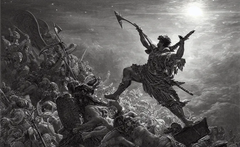 Image similar to highly detailed and cinematic romantic the great greek warrior with a spear piercing the edge of the universe from the book of the long sun by gene wolfe, highly detailed painting by gustave dore