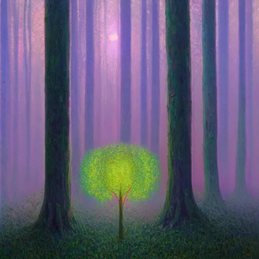 Image similar to A glowing forest by Simon Stålenhag and Claude Monet