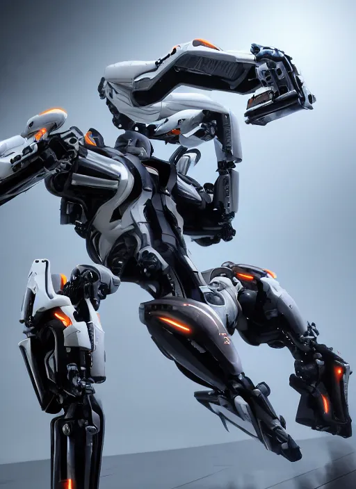 Image similar to a Photorealistic dramatic hyperrealistic full frame render of a Sleek futuristic exosuit Freedom Formula Racing Mech,Ultra realistic details,glossy white metal,Orange racing stripes,weathered surfaces,by Hidetaka Tenjin,Yoh Yoshinori,Yoji Shinkawa,Masamune Shirow,Beautiful dramatic dark moody tones and lighting,cinematic atmosphere,studio lighting,shadows,dark background, Octane render,8K