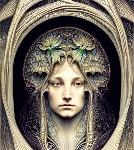 Image similar to detailed realistic beautiful light goddess face portrait by jean delville, gustave dore, iris van herpen and marco mazzoni, art forms of nature by ernst haeckel, art nouveau, symbolist, visionary, gothic, neo - gothic, pre - raphaelite, fractal lace, intricate alien botanicals, ai biodiversity, surreality, hyperdetailed ultrasharp octane render