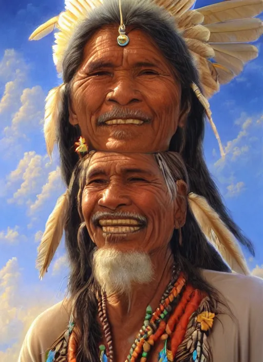 Image similar to faces of indigenous amazonian grandfathers and grandmothers spirits in the clouds, smiling, protection, benevolence, ancestors, detailed faces, art by christophe vacher